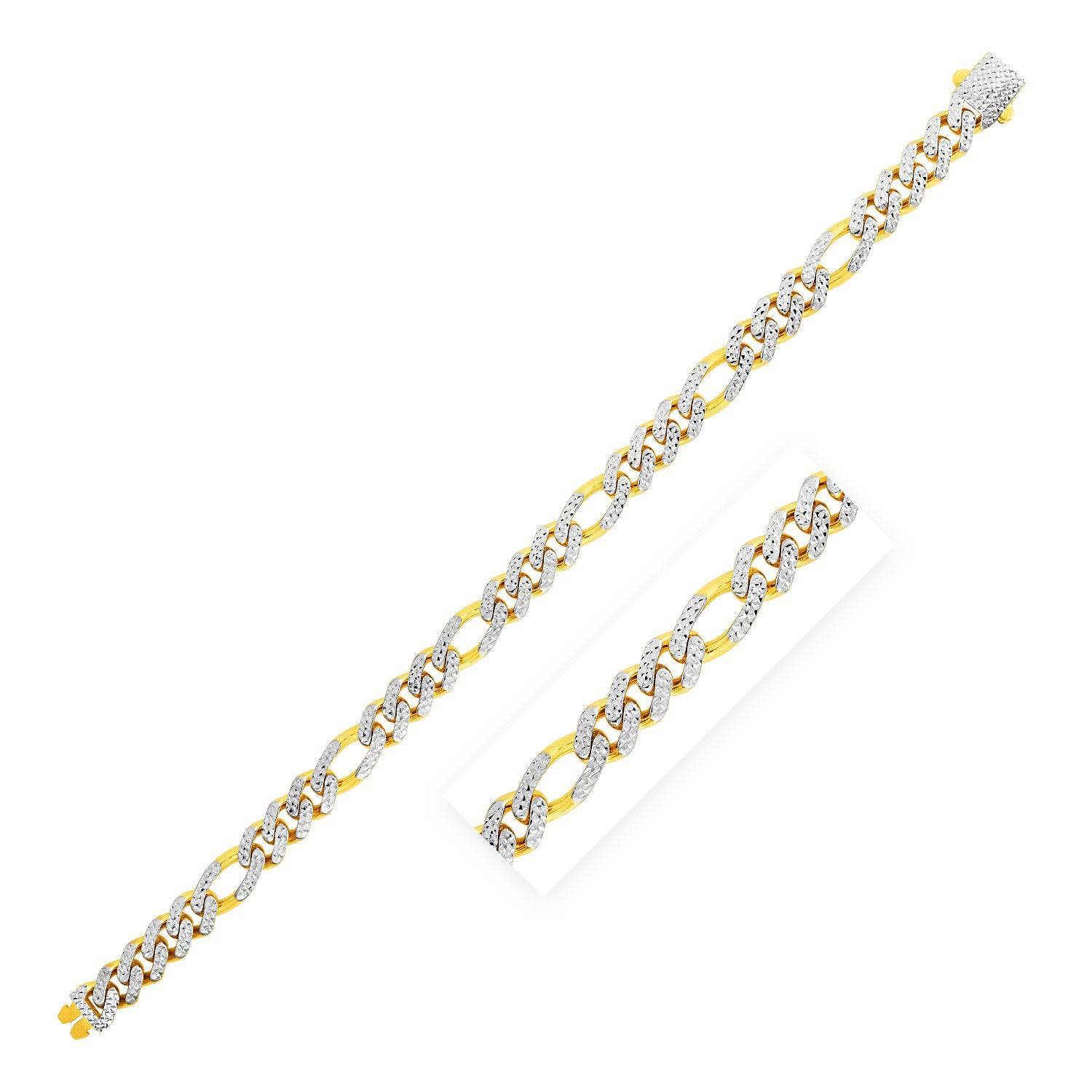 14k Yellow Gold White Pave High Polish Modern Lite Figaro Bracelet  (8.00 mm) |