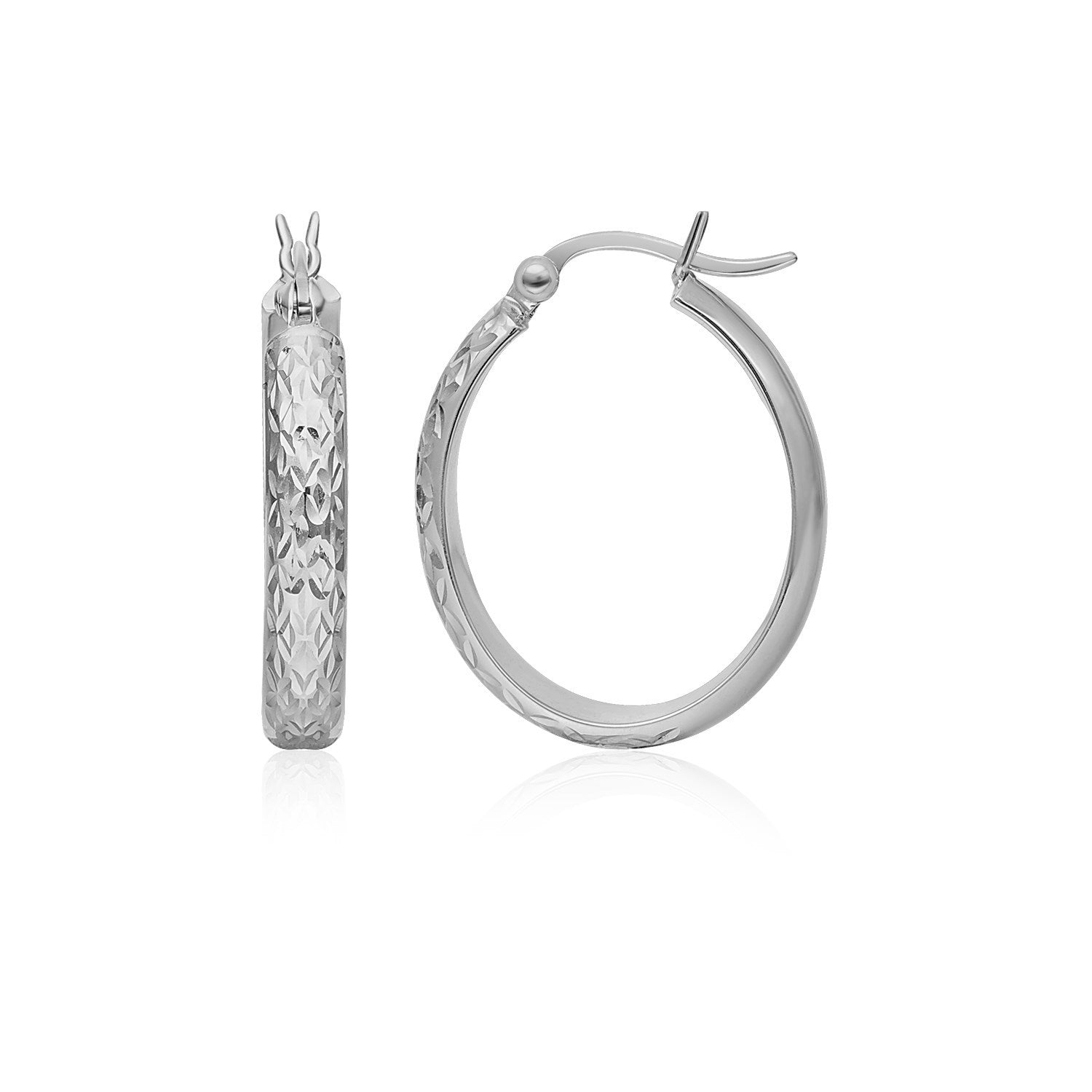 10k White Gold Hammered Oval Hoop Earrings |