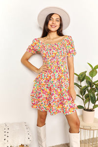 Devine Smocked Sweetheart Neck Flounce Sleeve Mini Dress.