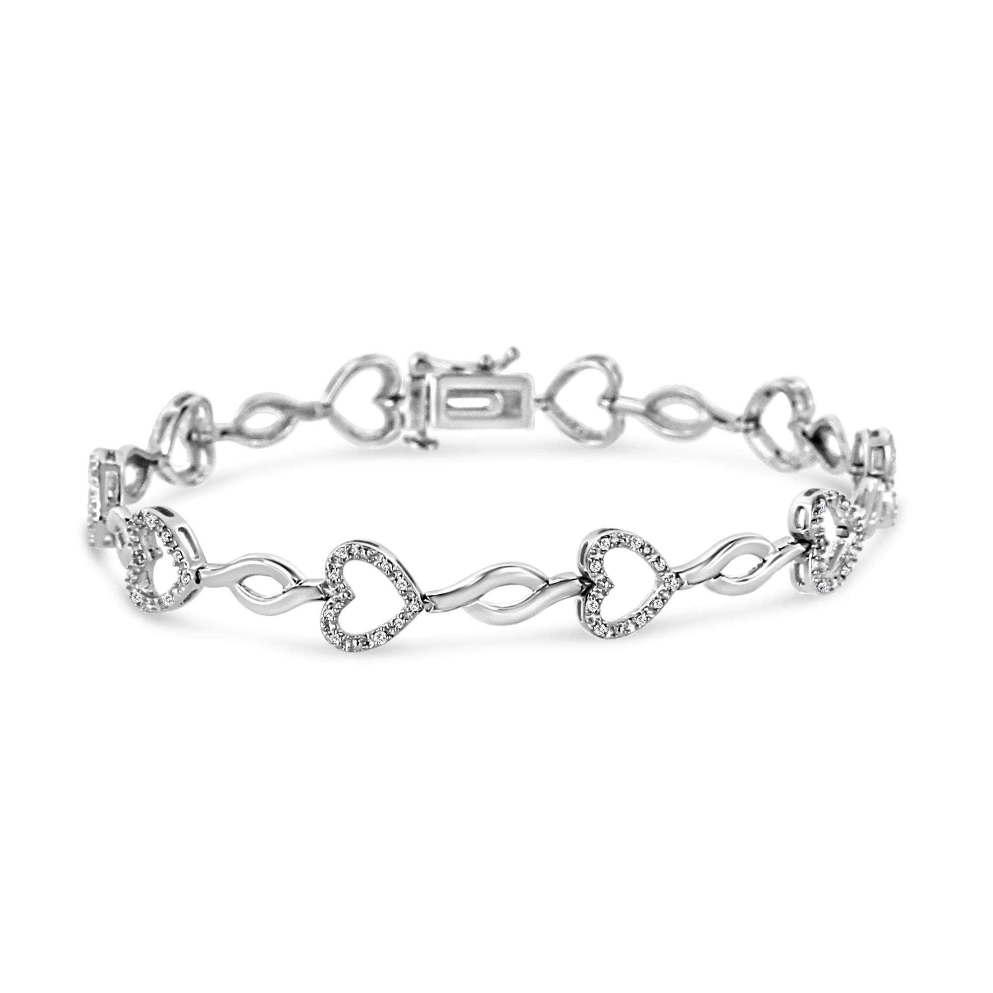 .925 Sterling Silver 1/4 Cttw Round-Cut Diamond Alternating Heart and Leaf Link Bracelet (I-J Color, I3 Clarity) - Size