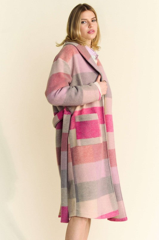 Davi & Dani Tied Color Block Collared Neck Coat.