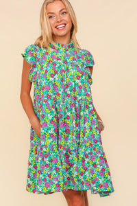 Haptics Frilled Mock Neck Ditsy Floral Dress.