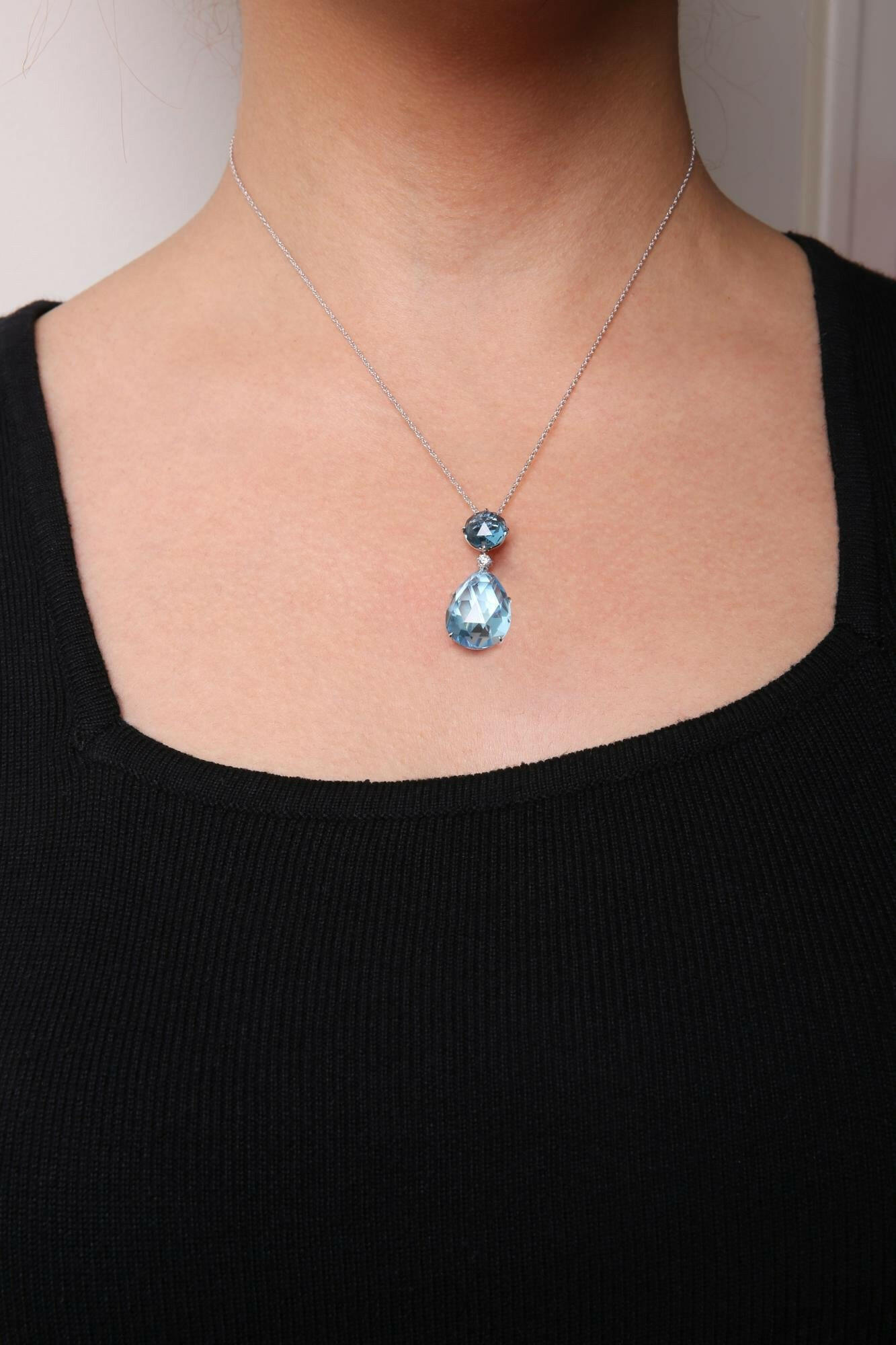 18K White Gold Diamond Accent and Round London Blue Topaz and Pear Cut Sky Blue Topaz Dangle Drop 18" Pendant Necklace (.