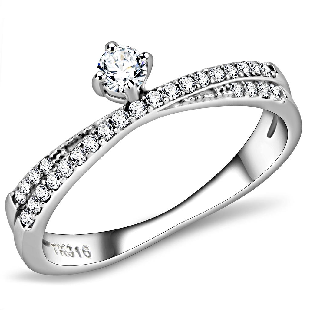 DA153 High Polished (No Plating) Stainless Steel Ring With AAA Grade CZ in Clear