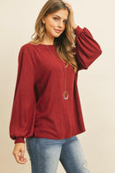 Puff Sleeved Boat Neck Two Toned Brushed Hacci Top