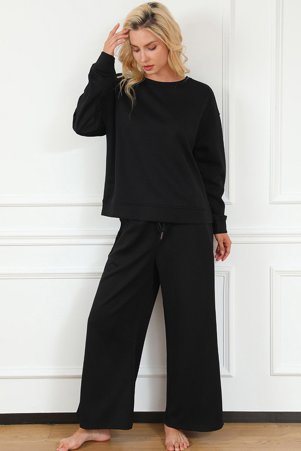 Double Take Full Size Textured Long Sleeve Top and Drawstring Pants Set.