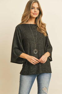 Boat Neck Bell Sleeve Solid Hacci Brushed Top.