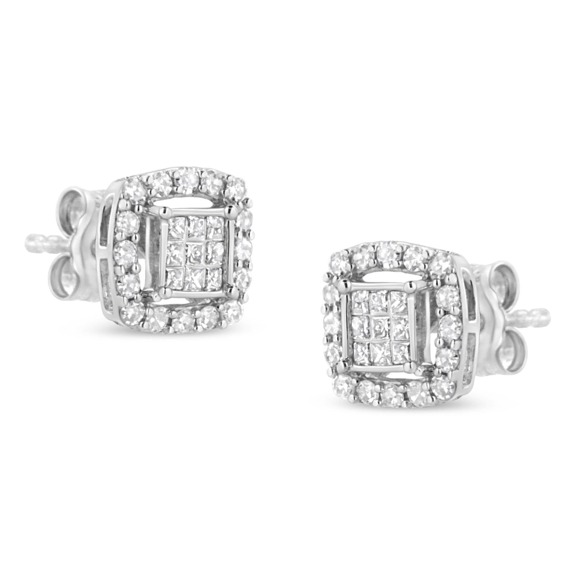 .925 Sterling Silver 1/2 Cttw Round and Princess-Cut Diamond Stud Earrings (I-J Color, I1-I2 Clarity).