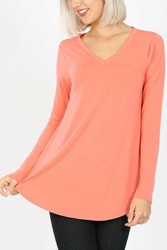 Premium Long Sleeve V-Neck Round Hem Top.