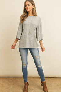 Boat Neck Bell Sleeve Solid Hacci Brushed Top