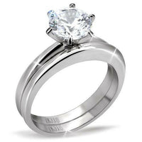 TK097 - High Polished (No Plating) Stainless Steel Ring With AAA Grade CZ  in Clear.