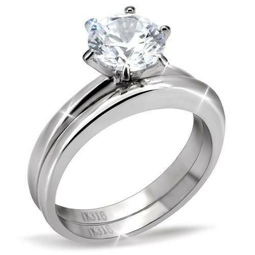 TK097 - High Polished (No Plating) Stainless Steel Ring With AAA Grade CZ  in Clear