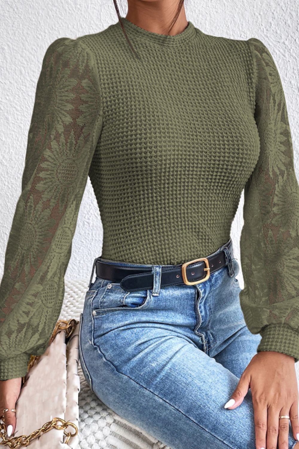 Mock Neck Lace Long Sleeve Top.