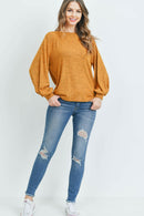 Puff Sleeved Boat Neck Two Toned Brushed Hacci Top