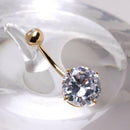 14Kt Yellow Gold Navel Ring With Large Clear Round Prong Set CZ.