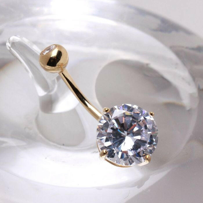 14Kt Yellow Gold Navel Ring With Large Clear Round Prong Set CZ