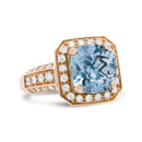 18K Rose Gold 10x10mm Cushion Shaped Aquamarine and 1 1/8 Cttw Round Diamond Halo Ring (F-G Color, VS1-VS2 Clarity).