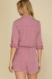 Reese Roll Up Sleeve Flap Pockets Drawstring Romper.