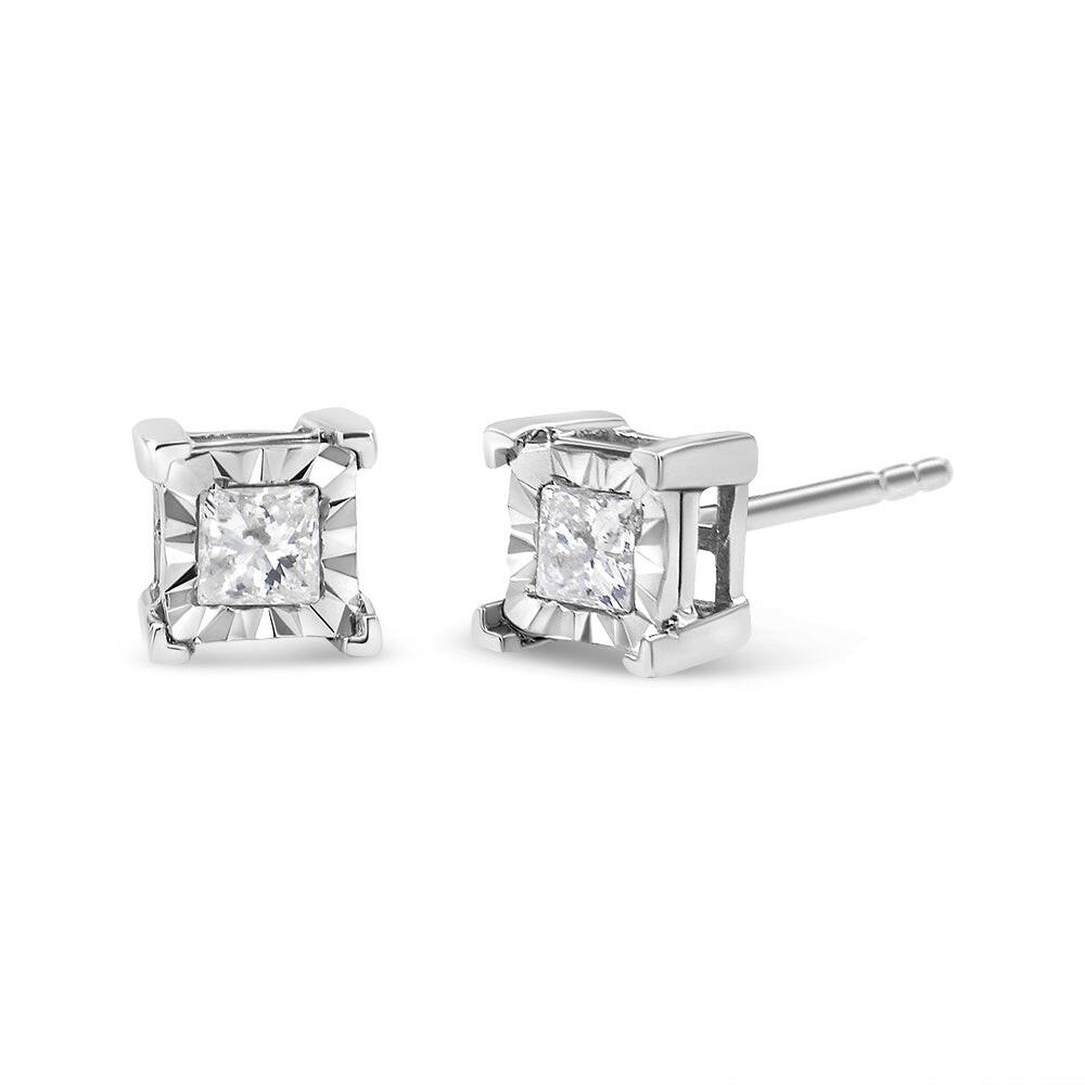 .925 Sterling Silver Miracle Set Princess-Cut Diamond Solitaire Stud Earrings (H-I Color, SI2-I1 Clarity)