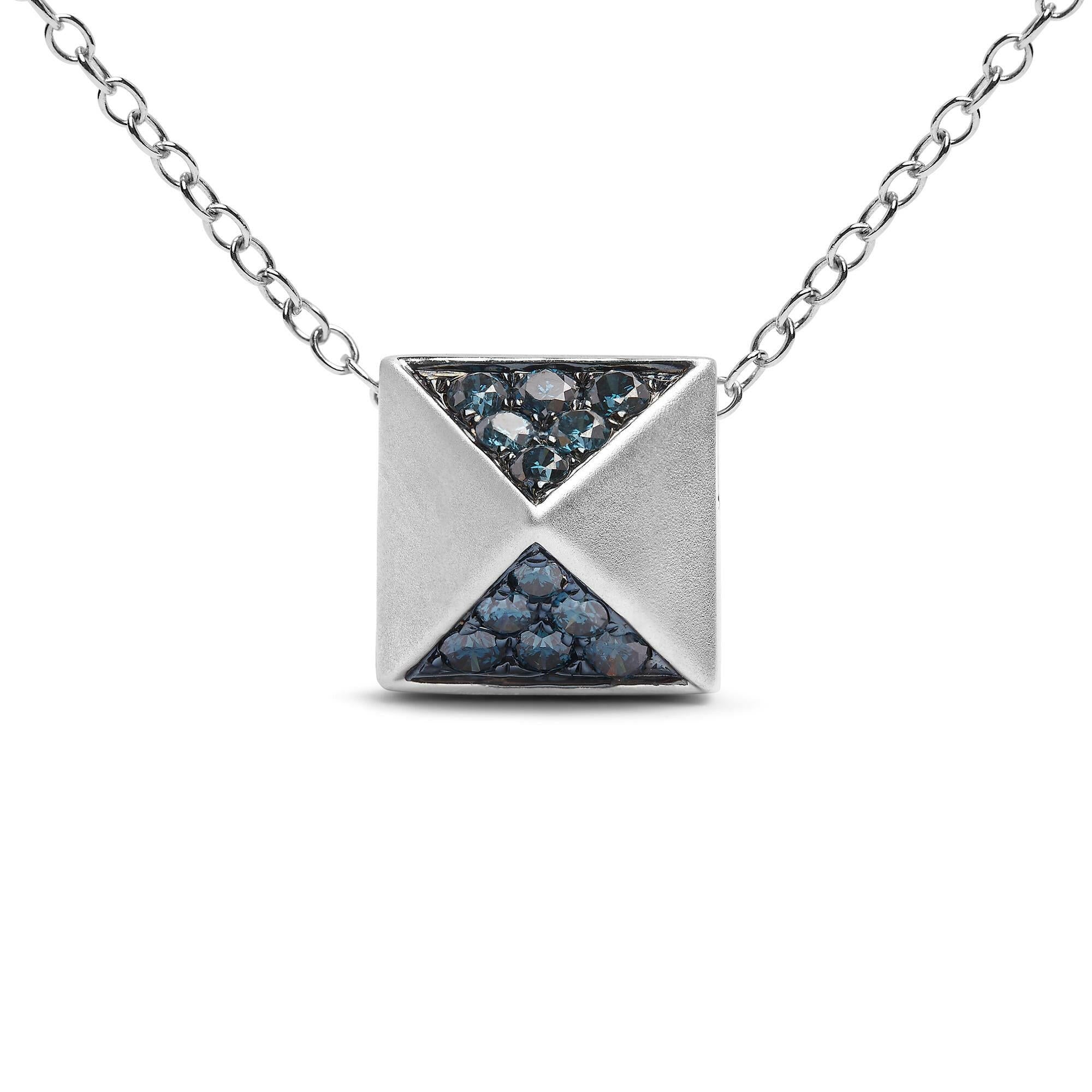 14K White Gold 1/4 Cttw Treated Blue Diamond Matte Finished Pyramid Pendant Necklace (Blue Color, SI1-SI2 Clarity) - 18"