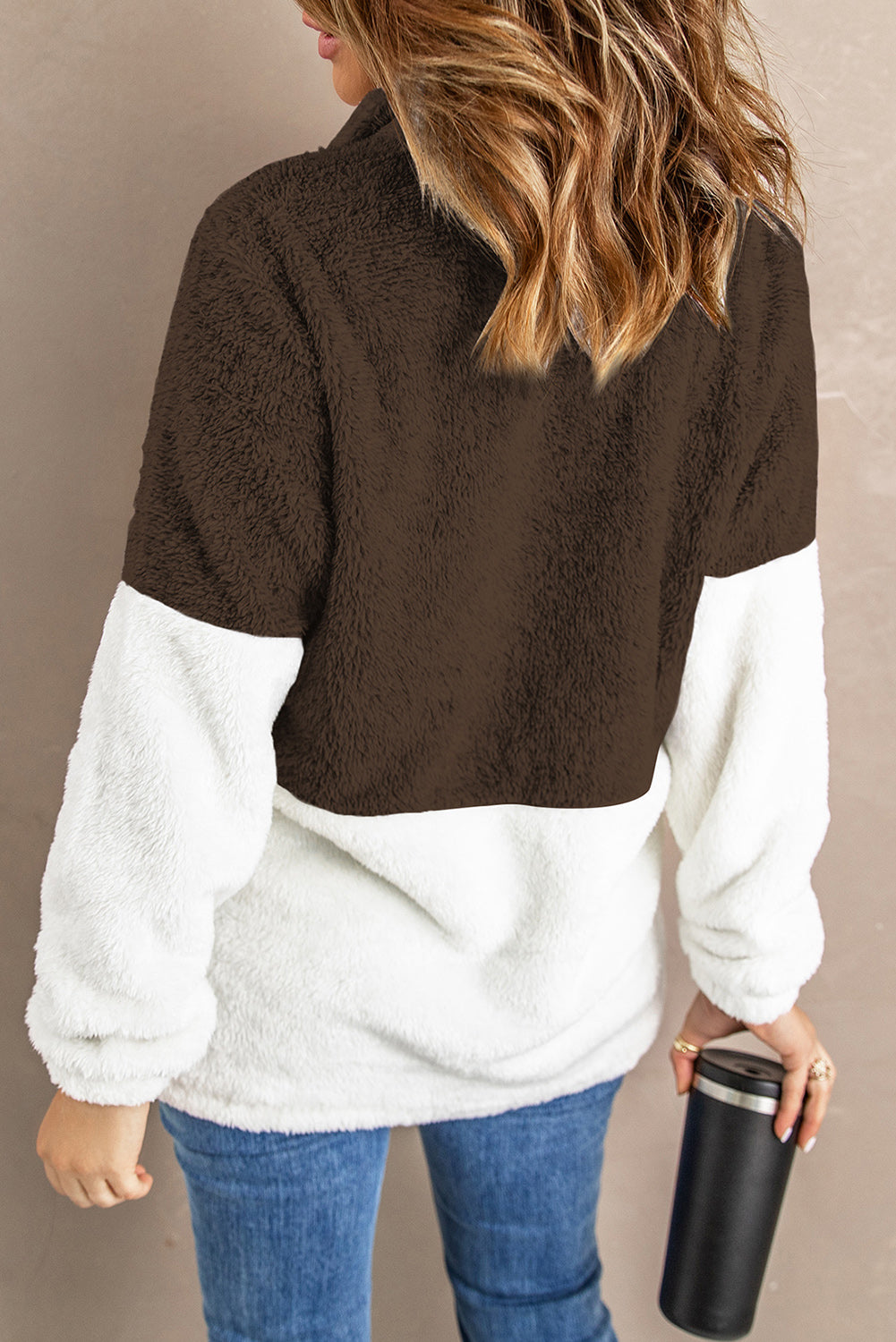 Color Block Half Zip Long Sleeve Fuzzy Sweatshirt.