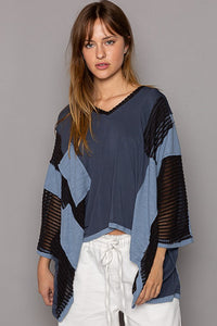 POL High-Low Contrast V-Neck Top.