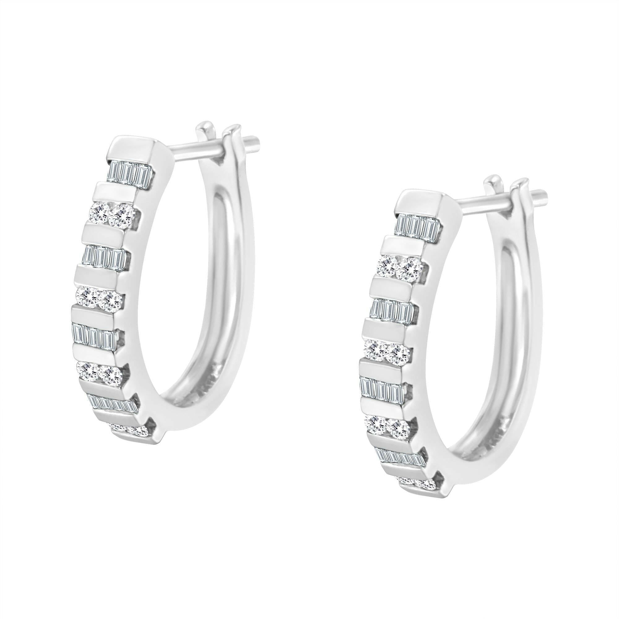 10K Gold Round and Baguette-Cut Diamond Hoop Earrings (I-J Color, I2-I3 Clarity).