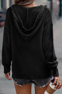 Collins v Neck Ribbed Drop Shoulder Hooded Sweater.