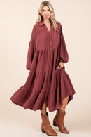 Mittoshop Tiered Button Down Long Sleeve Midi Dress.