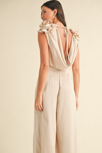 MABLE 3D Floral Applique Deep Cowl Neck Jumpsuit.