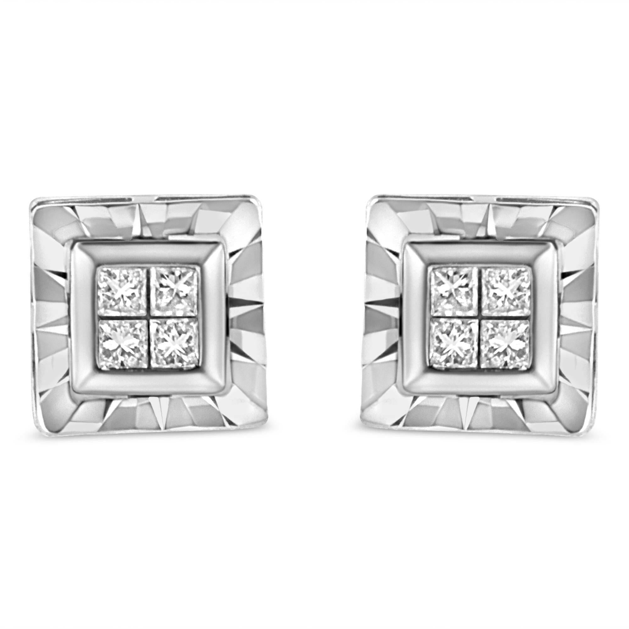 .925 Sterling Silver 1/6 Cttw Invisible Set Princess-Cut Diamond Quad Composite Stud Earrings (H-I Color, I1-I2 Clarity)