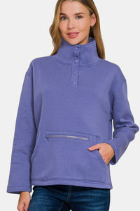 Zenana Turtleneck Half Snap Fleece Sweatshirt.