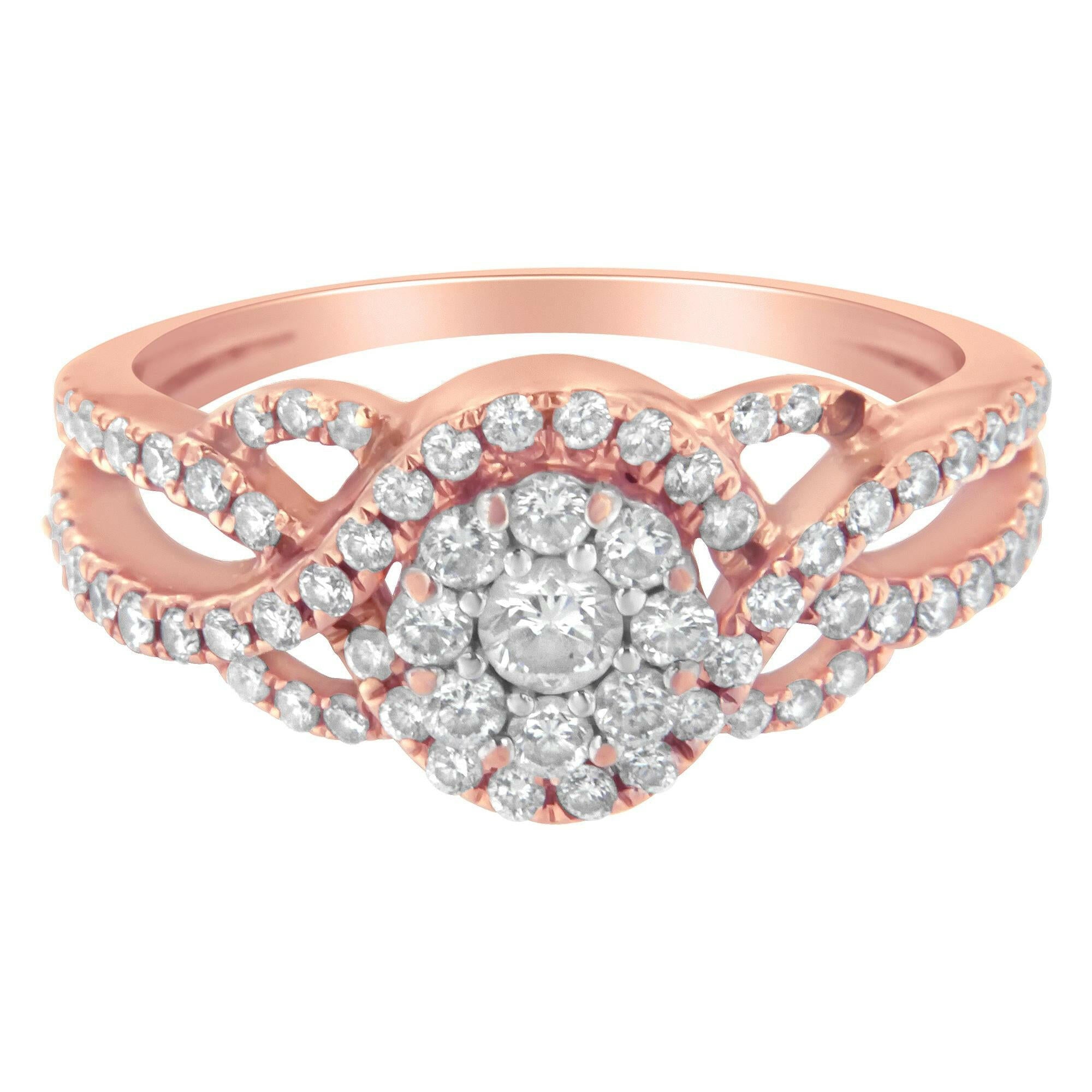 10K Rose Gold 3/4 Cttw Diamond Floral Cluster Head and Twisted Shank Cocktail  Ring (H-I Color, SI1-SI2 Clarity)-.