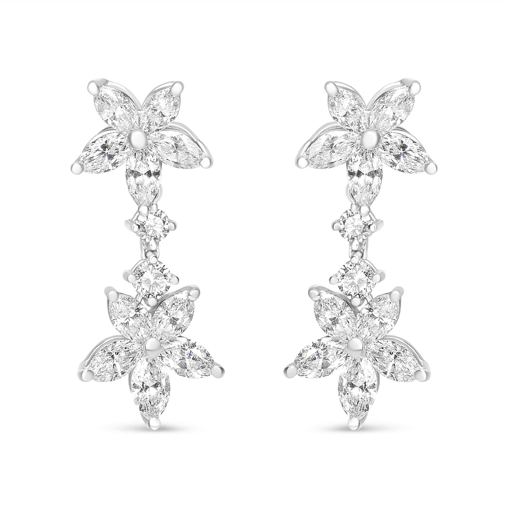 18k White Gold 6.0 Cttw Marquise Diamond Floral Dangle Drop Earrings (E-F Color, VS1-VS2 Clarity)