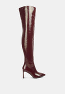 Minkles Patent Pu Long Slim Block Heeled Boots.