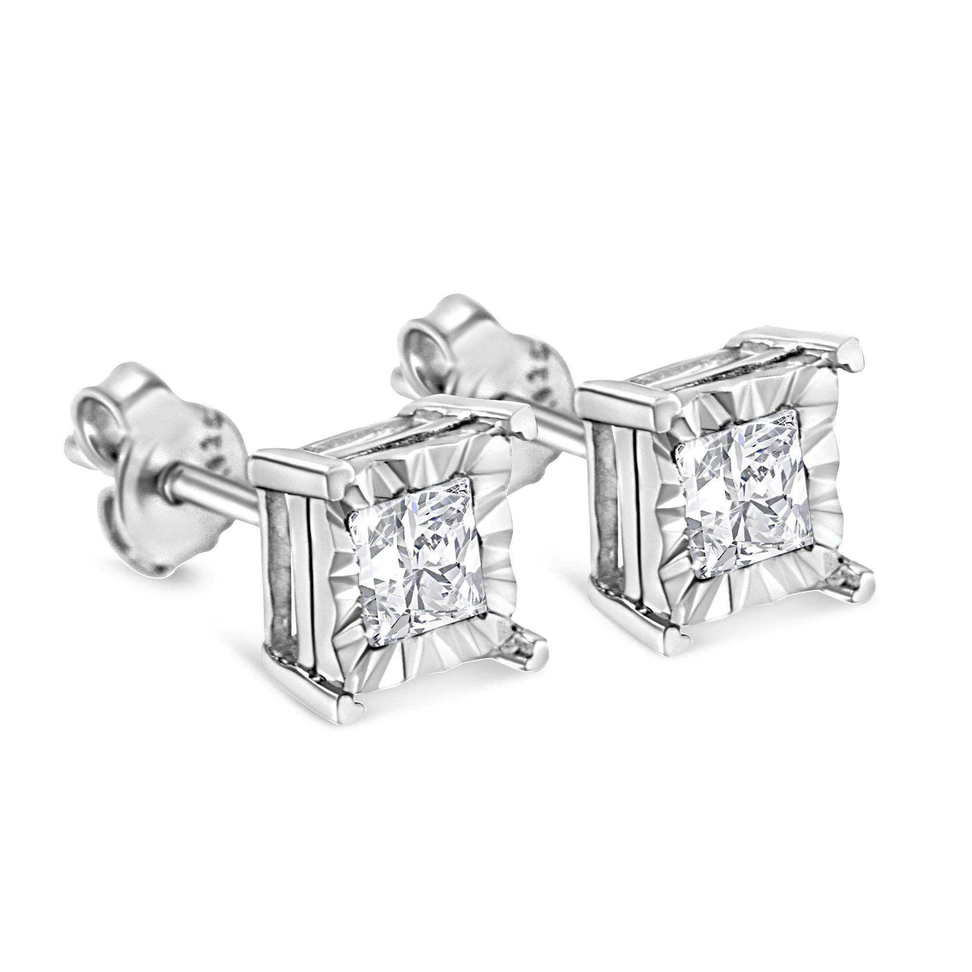 .925 Sterling Silver Miracle Set Princess-Cut Diamond Solitaire Stud Earrings (H-I Color, SI2-I1 Clarity).