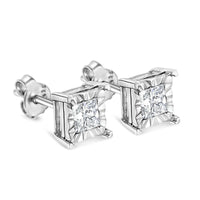 .925 Sterling Silver Miracle Set Princess-Cut Diamond Solitaire Stud Earrings (H-I Color, SI2-I1 Clarity)