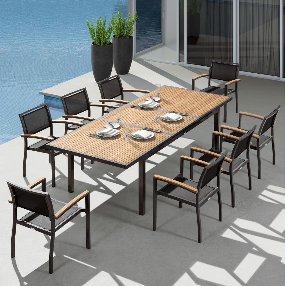 HIGOLD Heck 8+1 Pieces Teak Aluminum Outdoor Dining Set for 8 Person, Extendable Table and Stackable Chair, Charcoal Black