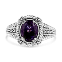 .925 Sterling Silver Prong Set Natural Oval Shape 9X7 MM Purple Amethyst Solitaire and Diamond Accent Ring (I-J Color, I.