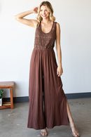 First Love Tie Back Sleeveless Slit Wide Leg Jumpsuit.