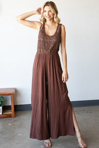 First Love Tie Back Sleeveless Slit Wide Leg Jumpsuit.