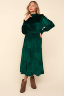 Haptics Mock Neck Smocked Waist Velvet Tiered Dress.