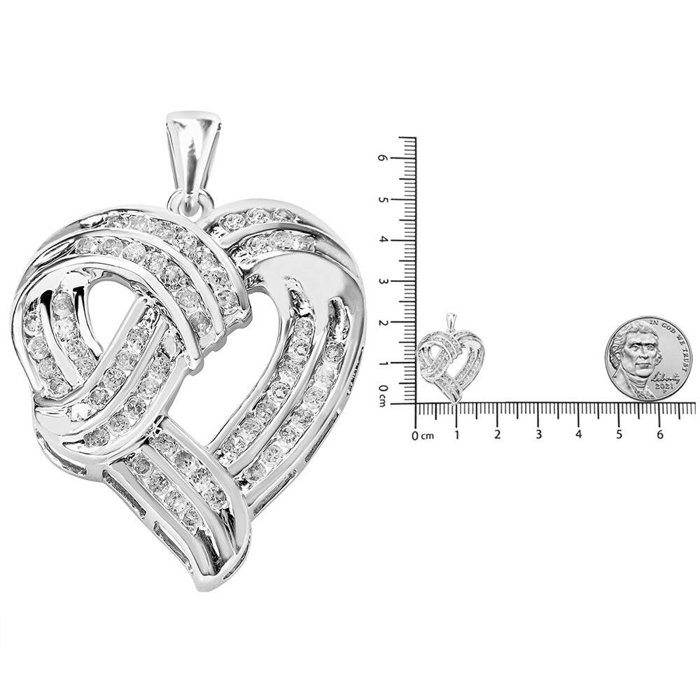 .925 Sterling Silver 1 1/4 Cttw Round Diamond Ribbon Weave Heart Pendant 18".