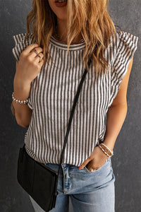 Sofia Crew Neck Ruffled Striped Tank Top.