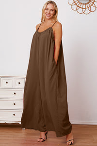 Double Take Full Size Ruffle Trim Tie Back Cami Jumpsuit with Pockets.