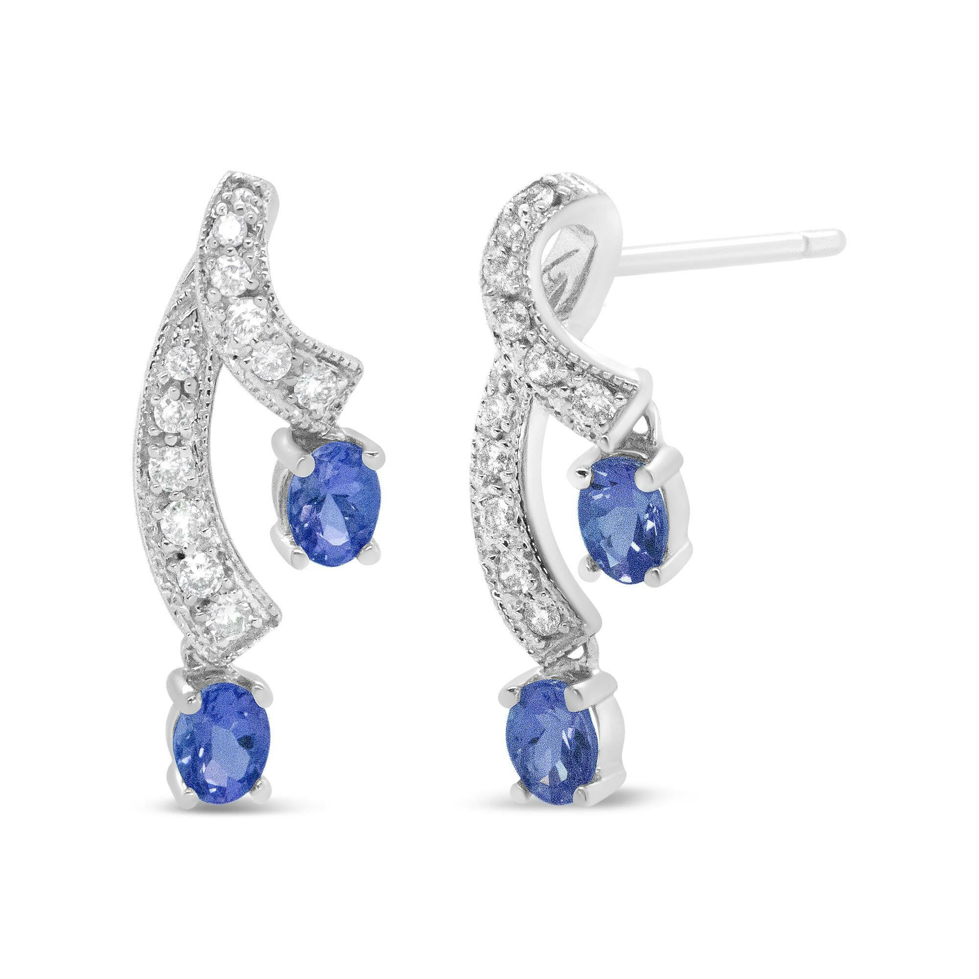 14K White Gold 4x3MM Oval Shaped Natural Blue Tanzanite Gemstone and 1/5 Cttw Diamond Double 3/4" Inch Drop Stud Earring