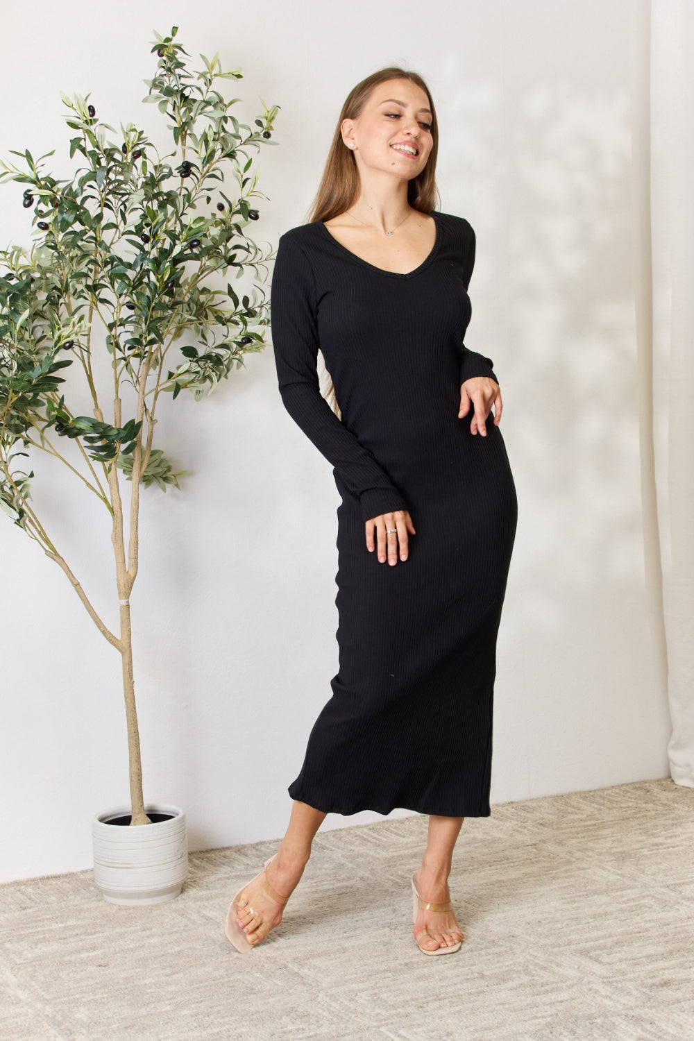 Culture Code Full Size Ribbed Long Sleeve Midi Slit Dress.