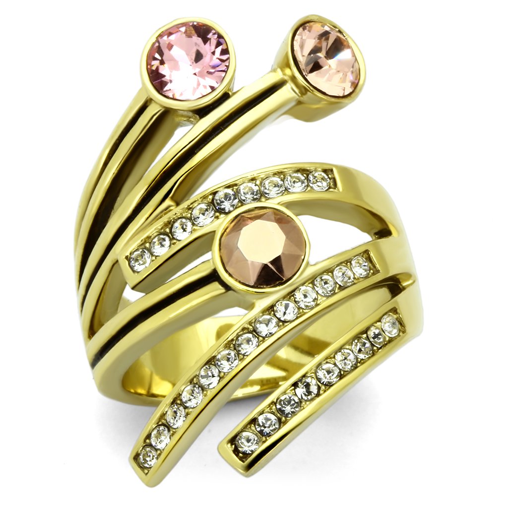 IP Gold(Ion Plating) Stainless Steel Ring With Top Grade Crystal in Multi Color