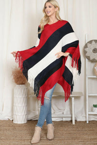 Hdf2099 - Color Block Fringe Poncho.