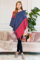 Hdf3007rdbl - Red Blue Two Tone Chain Print Fringe Poncho.